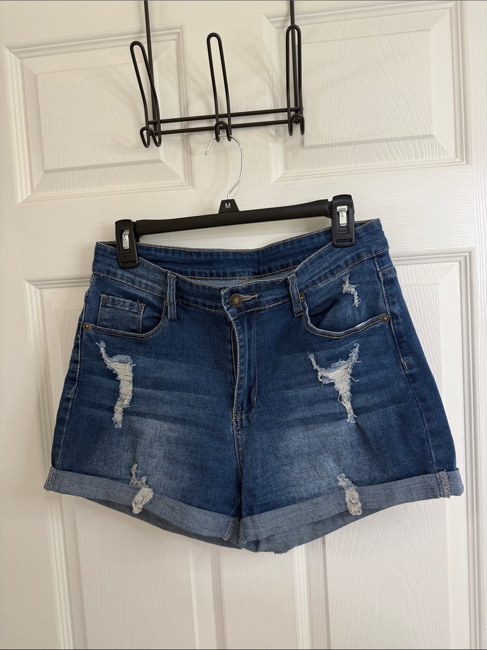 Dark Blue Distressed Denim Shorts - Unbranded